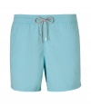 A brand original style since the 70s, Vilebrequins Moorea swim trunks are as iconic as they are cool - Waterproof elastic waistband, back flap pocket, side slit pockets, back eyelets for release of water, durable drawstring cord with stainless metal aglets, interior cotton briefs - Classic slim fit - Wear in the water, or post-swim with a polo and flip-flops - Comes with a logo printed drawstring pouch