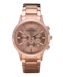Wrist candy in delicious rose-gold. Boyfriend-style watch by Emporio Armani crafted of rose-gold tone stainless steel bracelet and round case. Rose-gold tone chronograph dial features applied stick indices, black minute track, date window, three subdials, three hands and logo at twelve o'clock. Quartz movement. Water resistant to 50 meters. Two-year limited warranty. Wrist candy in delicious rose-gold. Boyfriend-style watch by Emporio Armani crafted of rose-gold tone stainless steel bracelet and round case. Rose-gold tone chronograph dial features applied stick indices, black minute track, date window, three subdials, three hands and logo at twelve o'clock. Quartz movement. Water resistant to 50 meters. Two-year limited warranty.