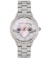 Set your heart aflutter: Betsey Johnson decked out this watch with tattoo-inspired graphics. Crafted of stainless steel bracelet and round case. Bezel embellished with crystal accents. Pink mother-of pearl dial features winged heart graphic, silver tone dot markers, silver tone hour and minute hands, signature fuchsia second hand and logo at twelve o'clock. Quartz movement. Water resistant to 30 meters. Two-year limited warranty.