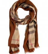 Detailed in lightweight modal-cashmere in Burberry Londons Haymarket check, this color border scarf lends an elegant and iconic polish to every outfit - Tonal border with printed stitching and understated belt print, frayed ends - An ideal weight for all four seasons, both indoors and out