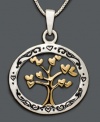 Surround yourself with the love of your family. Engraved circular sterling silver pendant features a 14k gold over sterling silver tree at center with heart leaves. Approximate length: 18 inches. Approximate drop: 1 inch.