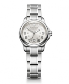 Petite precision. Officer's XS watch by Victorinox Swiss Army crafted of stainless steel bracelet and round case with anti-reflective sapphire crystal. White dial features applied silver tone numerals, military time, date window at six o'clock, three hands and logo. Swiss quartz movement. Water resistant to 100 meters. Three-year limited warranty. Petite precision. Officer's XS watch by Victorinox Swiss Army crafted of stainless steel bracelet and round case with anti-reflective sapphire crystal. White dial features applied silver tone numerals, military time, date window at six o'clock, three hands and logo. Swiss quartz movement. Water resistant to 100 meters. Three-year limited warranty.
