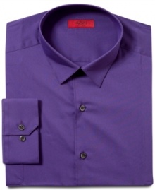 Purple reign. Freshen up your wardrobe of white and blue dress shirts with this Alfani fitted style in a saturated hue. Purple reign. Freshen up your wardrobe of white and blue dress shirts with this Alfani fitted style in a saturated hue.