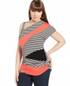 Score two of the season's hottest trends all in one style with ING's plus size top, highlighted by stripes and colorblocking.