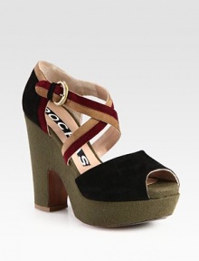 Panels of colorblocked suede upgrade this criss-cross design on a soft felt wedge. Felt-covered heel, 4¾ (120mm)Covered platform, 1¼ (30mm)Compares to a 3½ heel (90mm)Suede upperAdjustable ankle strapLeather lining and solePadded insoleMade in Italy Panels of colorblocked suede upgrade this criss-cross design on a soft felt wedge. Felt-covered heel, 4¾ (120mm)Covered platform, 1¼ (30mm)Compares to a 3½ heel (90mm)Suede upperAdjustable ankle strapLeather lining and solePadded insoleMade in Italy