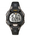The iconic Timex Ironman watch with functions for athletes at every level. Black resin strap and round gray case. Black bezel with four lugs and yellow logo. Digital display dial features initial time, day, date and seconds. Quartz movement. Water resistant to 100 meters. One-year limited warranty.