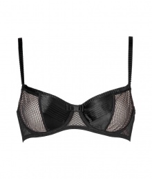 Luxe underwire bra in fine silk and synthetic blend - Elegant black and nude color combo - Tulle overlay has a sexy, mesh-like appearance - Chic bow and pleat detail at chest and straps - 3/4 cups offer ample coverage - Flexible underwire and stretch material make this bra both comfortable and cool - A perfect mix of sensual and sweet - Wear beneath just about anything Luxe underwire bra in fine silk and synthetic blend - Elegant black and nude color combo - Tulle overlay has a sexy, mesh-like appearance - Chic bow and pleat detail at chest and straps - 3/4 cups offer ample coverage - Flexible underwire and stretch material make this bra both comfortable and cool - A perfect mix of sensual and sweet - Wear beneath just about anything