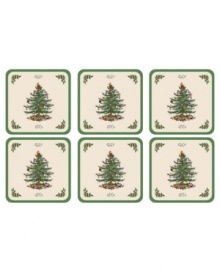 Bring Spode's iconic holiday pattern to your table in a whole new way with heat-resistant Christmas Tree drink coasters.