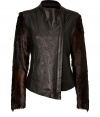 With its cool mix of lambskin and sleek fur sleeves, Helmut Langs deep carmine-tinted jacket radiates the brands modern-minimalist aesthetic with an ultra luxe edge - Short stand-up collar, long sleeves, off-center front zip, asymmetrical front hemline, fitted - Pair with leather leggings and studded ankle boots for a rocker-chic finish, or amp up tailored business looks with a pencil skirt and platform pumps