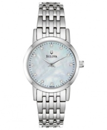 A delicate dress watch from Bulova with elegant diamonds and silver tones. A delicate dress watch from Bulova with elegant diamonds and silver tones.