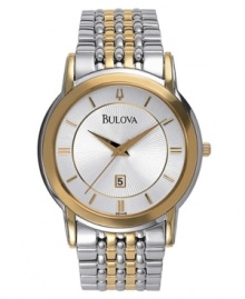 A luxe look he's bound to love. Goldtone and silvertone stainless steel bracelet with deployment buckle. Stainless steel case. Silvertone dial with logo, date window and polished goldtone stick indexes and indicators. Three hands. Quartz movement. Water resistant to 100 meters. Three-year limited warranty. A luxe look he's bound to love. Goldtone and silvertone stainless steel bracelet with deployment buckle. Stainless steel case. Silvertone dial with logo, date window and polished goldtone stick indexes and indicators. Three hands. Quartz movement. Water resistant to 100 meters. Three-year limited warranty.