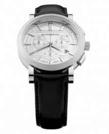 Burberry timepiece features a black leather strap and stainless steel case. Silvertone check etched chronograph dial with date window at 4 o'clock, three subdials and silvertone indices. Three hands. Swiss movement. Water resistant to 30 meters. Two-year limited warranty. Burberry timepiece features a black leather strap and stainless steel case. Silvertone check etched chronograph dial with date window at 4 o'clock, three subdials and silvertone indices. Three hands. Swiss movement. Water resistant to 30 meters. Two-year limited warranty.
