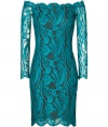 Show-stopping cocktail dress is the talk of the party - Designed in an elegant all-over lace rayon blend in shining teal - Feminine, body-hugging silhouette is off-the-shoulder with long, sheer sleeves and a mini-skirt length - Full-length exposed zipper at back - Dream dress with heels and a chic clutch