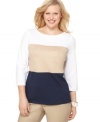 A a chic colorblocked design highlights Charter Club's three-quarter sleeve plus size top-- pair it with your favorite casual bottoms.