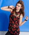 Surrender to trend-forward style! This floral-print top from Material Girl boasts sheer design and a column of back cutouts.