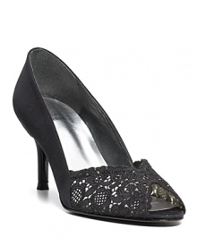 A luxe mix of lace and rhinestones gives Stuart Weitzman's peeptoe pumps a heady dose of glamour--and we can't wait to take them dancing. A luxe mix of lace and rhinestones gives Stuart Weitzman's peeptoe pumps a heady dose of glamour--and we can't wait to take them dancing.