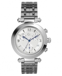 Elegance combines with luxury in this mid-size chronograph watch by Gc Swiss Made Timepieces. Stainless steel bracelet and round case. Textured guilloche silvertone dial with logo, date window, three subdials, stick indices and numerals. Swiss quartz movement. Water resistant to 100 meters. Ten-year limited warranty. Luxury Gc gift box packaging included. Elegance combines with luxury in this mid-size chronograph watch by Gc Swiss Made Timepieces. Stainless steel bracelet and round case. Textured guilloche silvertone dial with logo, date window, three subdials, stick indices and numerals. Swiss quartz movement. Water resistant to 100 meters. Ten-year limited warranty. Luxury Gc gift box packaging included.