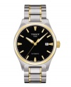 Stay on rhythm with this elegantly crafted piece from Tissot. The T-Tempo watch is crafted of stainless steel bracelet with gold tone accents and round stainless steel case with gold tone bezel. Black dial features gold tone applied stick indices, minute track, luminous three hands, date window at three o'clock and logo at twelve o'clock. Swiss automatic movement. Water resistant to 100 meters. Two-year limited warranty.