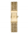 Tell time with rows of shine, thanks to this brilliant DKNY watch. Bracelet crafted from four rows of crystal set in goldtone stainless steel and rectangular case. Champagne dial features goldtone hands, stick indices and logo. Quartz movement. Water resistant to 50 meters. Two-year limited warranty.