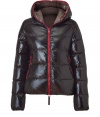 A sleek outer shell and vibrant contrast lining lend this Duvetica down jacket its sporty and stylish edge - In a lighter weight, wind- and water-resistant black polyamide with red trim - Slim cut tapers through waist and fits close to the body for extra warmth - Full zip, hood and oversize diagonal zippered pockets at front - Perfect for cold weather casual looks - Pair with denim, leggings and cords