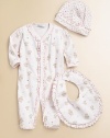 Three-piece gift set features an allover printed snap closure footie, matching hat and ruffled bib for a cozy look. Front snap closureLong sleevesSnap bottomRuffle trimPima CottonMachine washImported