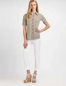 A classic plaid style with feminine ruched sleeves. Button frontShort sleevesAbout 27 from shoulder to hem74% cotton/24% nylon/2% spandexMachine washImportedModel shown is 5'11½ (181cm) wearing US size 4. A classic plaid style with feminine ruched sleeves. Button frontShort sleevesAbout 27 from shoulder to hem74% cotton/24% nylon/2% spandexMachine washImportedModel shown is 5'11½ (181cm) wearing US size 4.