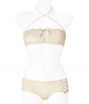 Channel an Amazonian goddess in this ultra-luxe bikini from La Perla - Bandeau-style top with crisscross strap, stitching, lace up front, and back tie detail - Classic brief-style bottoms with lace-up side detailing - Pair with a sheer caftan and wedge heels