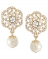 Add a spark to every special occasion. Carolee's drop earrings feature glass pearls and glass-accented posts. Crafted in 12k gold-plated mixed metal. Approximate drop 1-1/2 inches.