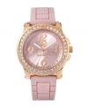 Juicy Couture knows what just what princesses want: pink, pink, pink and dash of gold. Pedigree watch features pink logo-embossed jelly strap and round rose gold-plated stainless steel case. Bezel crystallized with Swarovski elements. Brushed pink dial features rose goldtone logo, numerals at twelve, three, six and nine o'clock and a Time for Couture script ring. Quartz movement. Water resistant to 30 meters. Two-year limited warranty.