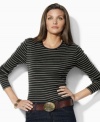 Lauren by Ralph Lauren's classic long-sleeved petite tee is cut from comfortable ribbed cotton with a patch pocket at the left sleeve featuring Ralph Lauren's embroidered monogram.
