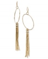 Tickle your shoulders with this gorgeous hoop earrings with tassel drops. Slightly embellished with crystal accents. Crafted in gold tone mixed metal. Approximate drop: 4-1/4 inches.