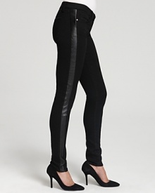 Leather tuxedo stripes infuse sleek Juicy Couture jeans with punk attitude. Polish off the skinny silhouette with a sharp blazer and spark some serious fashion envy. Leather tuxedo stripes infuse sleek Juicy Couture jeans with punk attitude. Polish off the skinny silhouette with a sharp blazer and spark some serious fashion envy.