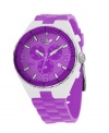 High-intensity color for a high-energy day. Cambridge watch by adidas crafted of purple silicone strap and round clear nylon case. Purple bezel with black stick indices. Purple grid-patterned chronograph dial features applied silver tone numerals at three, six and nine o'clock, stick indices, minute track, date window at four o'clock, three subdials, luminous hands and logo. Quartz movement. Water resistant to 50 meters. Two-year limited warranty.
