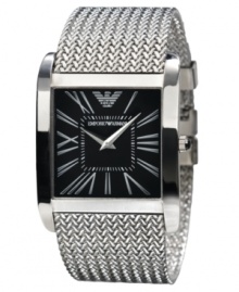 Update your classic look with this stylish watch by Emporio Armani. Stainless steel mesh bracelet and square case. Black dial with silvertone Roman numerals and logo, Quartz movement. Water resistant to 30 meters. Two-year limited warranty. Update your classic look with this stylish watch by Emporio Armani. Stainless steel mesh bracelet and square case. Black dial with silvertone Roman numerals and logo, Quartz movement. Water resistant to 30 meters. Two-year limited warranty.