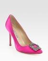 This timeless shape of elegant satin is embellished with luminous crystals.Self-covered heel, 4 (100mm) Pointed toe Leather lining and sole Padded insole Made in ItalyOUR FIT MODEL RECOMMENDS ordering one size up as this style runs small. 