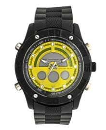 Boost your energy level with this bold watch by Unlisted. Black rubber strap and round black-plated mixed metal case. Yellow dial features tachymeter scale, luminous stick indices, digital display subdials and logo. Quartz movement. Splash resistant. Two-year limited warranty. Boost your energy level with this bold watch by Unlisted. Black rubber strap and round black-plated mixed metal case. Yellow dial features tachymeter scale, luminous stick indices, digital display subdials and logo. Quartz movement. Splash resistant. Two-year limited warranty.