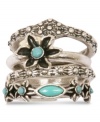 Stackable styles give you endless options. Lucky Brand's ring set features four rings with plastic turquoise and textured designs. Set in silver tone mixed metal. Size 7.