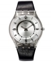 A sleek watch design from Swatch in steely silvers and bold blacks.