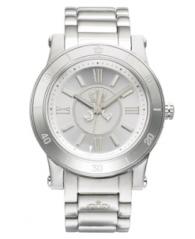 The crown jewel of your wardrobe, by Juicy Couture. HRH watch crafted of stainless steel bracelet and round case with numeral-etched bezel. Silver tone dial with textured inner dial features applied Roman numerals at three, six, nine and twelve o'clock, black minute track, applied stick indices, three hands and crown logo. Quartz movement. Water resistant up to 30 meters. Two-year limited warranty.