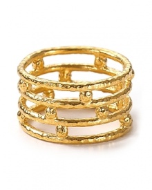 Have fun when you accessorize. Melinda Maria's four row ring showcases arcade-inspired shine that's all grown up--the gilded style wins with all-black. Have fun when you accessorize. Melinda Maria's four row ring showcases arcade-inspired shine that's all grown up--the gilded style wins with all-black.