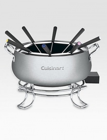 Now fondue is easier than ever thanks to this electric fondue set with a heating element built into the base of the pot and a thermostat that adjusts to a wide range of temperature settings. Prepare chocolate, cheese, broth or oil fondues in this elegant 3-quart brushed stainless pot. The nonstick pot offers superb food release, and the entire unit is dishwasher safe. Now fondue is easier than ever thanks to this electric fondue set with a heating element built into the base of the pot and a thermostat that adjusts to a wide range of temperature settings. Prepare chocolate, cheese, broth or oil fondues in this elegant 3-quart brushed stainless pot. The nonstick pot offers superb food release, and the entire unit is dishwasher safe.