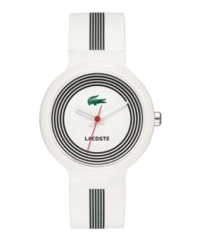 Croc around the clock with this smooth design from Lacoste. Goa unisex watch crafted of white with black stripes silicone strap and round white plastic case. White dial with circular black stripes features iconic crocodile logo at twelve o'clock, text logo at six o'clock, cut-out hour and minute hands and red second hand. Quartz movement. Water resistant to 30 meters. Two-year limited warranty. Croc around the clock with this smooth design from Lacoste. Goa unisex watch crafted of white with black stripes silicone strap and round white plastic case. White dial with circular black stripes features iconic crocodile logo at twelve o'clock, text logo at six o'clock, cut-out hour and minute hands and red second hand. Quartz movement. Water resistant to 30 meters. Two-year limited warranty.