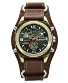 Unlisted captures cool, casual style with this vintage-inspired cuff watch. Brown leather strap and round brushed gold tone mixed metal case. Black dial features numerals at twelve, three, six and nine o'clock, stick indices, digital day display, digital time display and logo. Quartz movement. Splash resistant. Two-year limited warranty. Unlisted captures cool, casual style with this vintage-inspired cuff watch. Brown leather strap and round brushed gold tone mixed metal case. Black dial features numerals at twelve, three, six and nine o'clock, stick indices, digital day display, digital time display and logo. Quartz movement. Splash resistant. Two-year limited warranty.