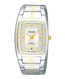 A ray of golden shine in a sleek package, by Pulsar. Crafted of stainless steel bracelet with gold-tone accents and rectangular case. Silver-tone dial with logo, date window at six o-clock, gold-tone applied indices, three hands and minute track. Quartz movement. Water resistant to 50 meters. Three-year limited warranty. A ray of golden shine in a sleek package, by Pulsar. Crafted of stainless steel bracelet with gold-tone accents and rectangular case. Silver-tone dial with logo, date window at six o-clock, gold-tone applied indices, three hands and minute track. Quartz movement. Water resistant to 50 meters. Three-year limited warranty.