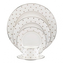 Kate Spade's Larabee Road Platinum, peppered with platinum polka dots, will give your table its own personality. Crafted of white bone china, each piece is dishwasher safe. Kate Spade's Larabee Road Platinum, peppered with platinum polka dots, will give your table its own personality. Crafted of white bone china, each piece is dishwasher safe.