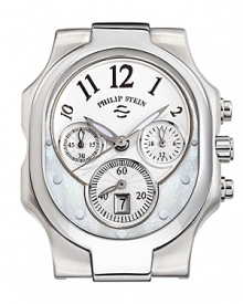 Philip Stein® stainless chronograph watch head with a mother-of-pearl dial. Features single movement, chronograph subdials, Arabic numbers and a polished crown. Fits 20 mm-Size 2 straps. Philip Stein® stainless chronograph watch head with a mother-of-pearl dial. Features single movement, chronograph subdials, Arabic numbers and a polished crown. Fits 20 mm-Size 2 straps.