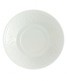 Distinguished by rich relief patterns in milky white china, the Cellini collection brings European classicism to the table. The ornate tea saucer has a braided edge and floret-patterned rim. Microwave and dishwasher safe. Distinguished by rich relief patterns in milky white china, the Cellini collection brings European classicism to the table. The ornate tea saucer has a braided edge and floret-patterned rim. Microwave and dishwasher safe.