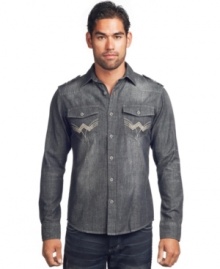 Denim daze? Give your wardrobe a wake-up call with this patchwork shirt from Affliction. Denim daze? Give your wardrobe a wake-up call with this patchwork shirt from Affliction.