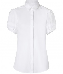 Finish your look on a timeless modern note with Burberry Londons crisp white pleated sleeve shirt - Classic collar, puffed and pleated short sleeves, button-down front, shirttail hemline - Tailored fit - Tuck into a pencil skirt with sleek heels for work Finish your look on a timeless modern note with Burberry Londons crisp white pleated sleeve shirt - Classic collar, puffed and pleated short sleeves, button-down front, shirttail hemline - Tailored fit - Tuck into a pencil skirt with sleek heels for work