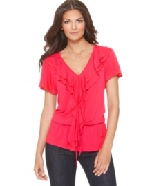 NY Collection's ruffled top makes any outfit into a feminine, flirty fashion statement! Cinch the drawstring waist for a customized fit, too. NY Collection's ruffled top makes any outfit into a feminine, flirty fashion statement! Cinch the drawstring waist for a customized fit, too.